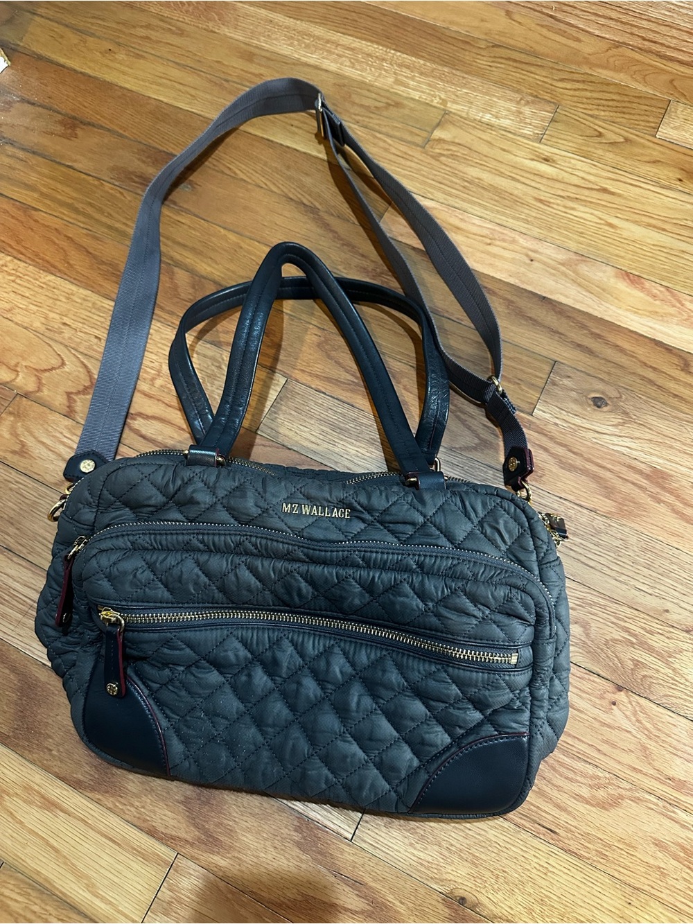MZ Wallace Crosby Satchel Bag Purse Quilted Gray Gold Accents
